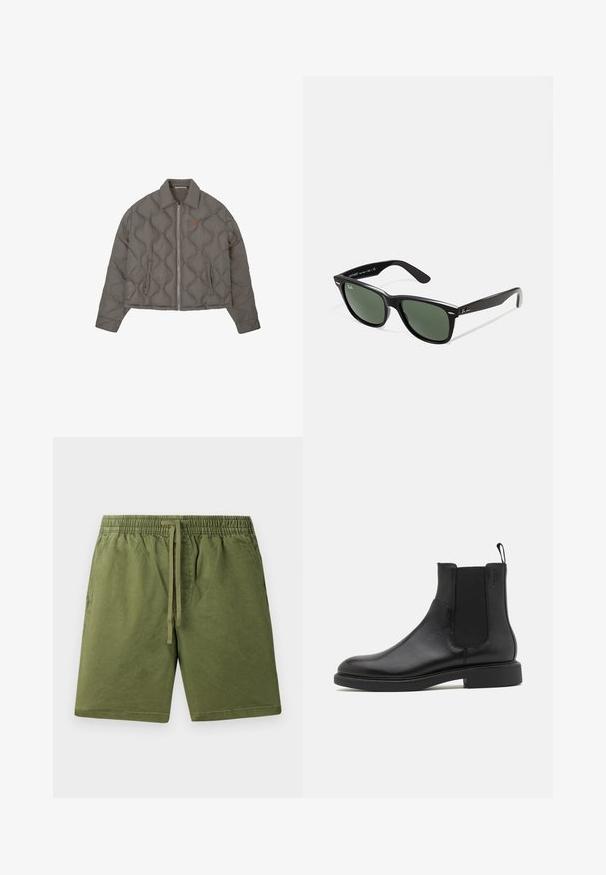 Sivé prešívané sako s predným zipsom, golierom a dvoma bočnými vreckami, ktoré má malé vyšívané emblém na hrudi.; Biela tričko s krátkym rukávom vyrobené z jemnej bavlny. Obsahuje okrúhly výstrih a rovný lem s minimálnymi detailmi.; Khaki zelené šortky vyrobené z mäkkého bavlneného materiálu, s elastickým pásom na šnúrku a bočnými vreckami. Hladká textúra, ležérny dizajn.; Čierne kožené členkové topánky s hladkým povrchom, elastickými bočnými panelmi a pútkom. Okrúhla špička a plochá gumová podrážka s minimálnym dezénom.; Čierne plastové slnečné okuliare so zelenými šošovkami, štvorcové rámy, strieborný akcent na obočí a textúrované ramenné opierky. Brand uvedený na vnútornej strane ramien.