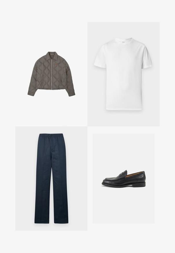 Pilkas siuvinėtas švarkas su priekiniais užtrauktukais, apykakle ir dviem šoninėmis kišenėmis, kuriame ant krūtinės yra mažas siuvinėtas emblem. ; Balta trumpa rankovėmis marškinėliai, pagaminti iš švelnios medvilnės. Turi apvalų iškirpimą ir tiesų apdailą su minimaliu puošu.; Tamsiai mėlynos lininės kelnės su laisvu kirpimu, elastinga juosmeniu ir vienu mygtuku. Sukurtos su tiesiomis kojomis ir minimalia tekstūra.; Juodi odiniai loafersai su lygiu paviršiumi, apvaliu pirštu ir dekoratyvine siūlė viršuje. Žemas sustiprintas kulnas ir lengvas blizgesys.