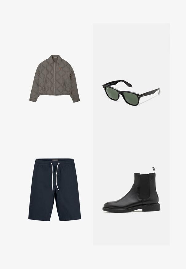 Sivé prešívané sako s predným zipsom, golierom a dvoma bočnými vreckami, ktoré má malé vyšívané emblém na hrudi.; Biela tričko s krátkym rukávom vyrobené z jemnej bavlny. Obsahuje okrúhly výstrih a rovný lem s minimálnymi detailmi.; Námornícke modré plavky vyrobené z ľahkého materiálu, s elastickým pásom a bielou šnúrkou na stiahnutie, s rovnými strihom.; Čierne kožené členkové topánky s hladkým povrchom, elastickými bočnými panelmi a pútkom. Okrúhla špička a plochá gumová podrážka s minimálnym dezénom.; Čierne plastové slnečné okuliare so zelenými šošovkami, štvorcové rámy, strieborný akcent na obočí a textúrované ramenné opierky. Brand uvedený na vnútornej strane ramien.