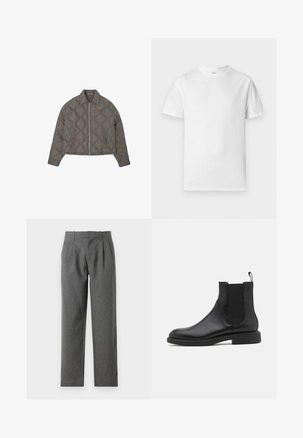 Sivé prešívané sako s predným zipsom, golierom a dvoma bočnými vreckami, ktoré má malé vyšívané emblém na hrudi.; Biela tričko s krátkym rukávom vyrobené z jemnej bavlny. Obsahuje okrúhly výstrih a rovný lem s minimálnymi detailmi.; Šedé pruhované nohavice vyrobené z textúrovanej tkaniny. Majú vysoký pás s záhybmi a rovný strih nohavíc.; Čierne kožené členkové topánky s hladkým povrchom, elastickými bočnými panelmi a pútkom. Okrúhla špička a plochá gumová podrážka s minimálnym dezénom.