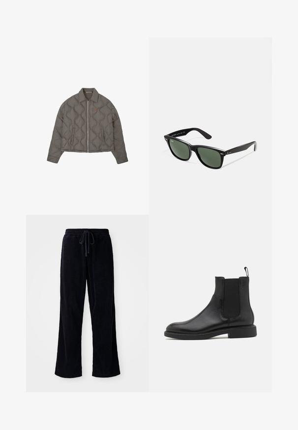 Veste grise matelassée avec fermeture éclair frontale, col et deux poches latérales, présentant un petit emblème brodé sur la poitrine.; T-shirt blanc à manches courtes en coton doux. Il présente un col rond et un ourlet droit avec un minimum de détails.; Pantalon en velours côtelé noir avec une coupe ample, dotés d'une taille élastique et d'un cordon de serrage. La texture est côtelée et le tissu semble doux.; Botte de cheville en cuir noir avec une texture lisse, des panneaux latéraux élastiques et une languette. Bout rond et semelle en caoutchouc plate avec un minimal de relief.; Lunettes de soleil en plastique noir avec verres verts, monture carrée, accent argenté sur le sourcil et branches texturées. Marque indiquée sur l'intérieur de la branche.