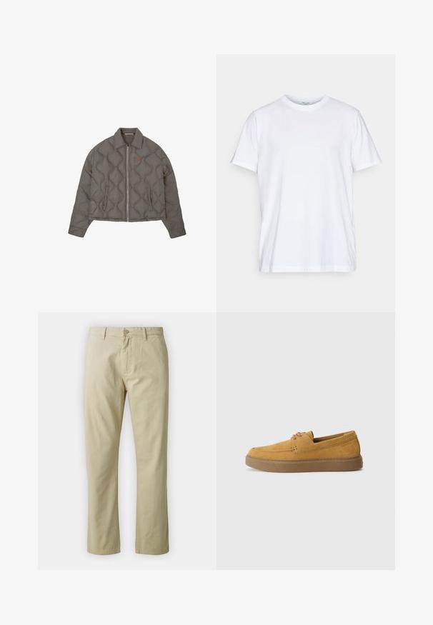 Sivi kramirani jakna s prednjim patentnim zatvaračem, ovratnikom i dva bočna džepa, s malim izvezenim grbom na prsima.; Bijela pamučna majica kratkih rukava, s okruglim izrezom i ležernim krojem. Ima minimalistički dizajn, bez uzoraka ili akcenta.; Bež pamučne hlače s ravnim nogavicama, prednjim zatvaranjem na dugme i petljama za remen. Glatka tekstura, bez vidljivih uzoraka ili naglaska.; Smeđe suede slip-on cipele s teksturiranim završetkom, okruglim vrhom i kontrastnom gumenom potplatom. Karakterizira ih suptilno brendiranje blizu pete.