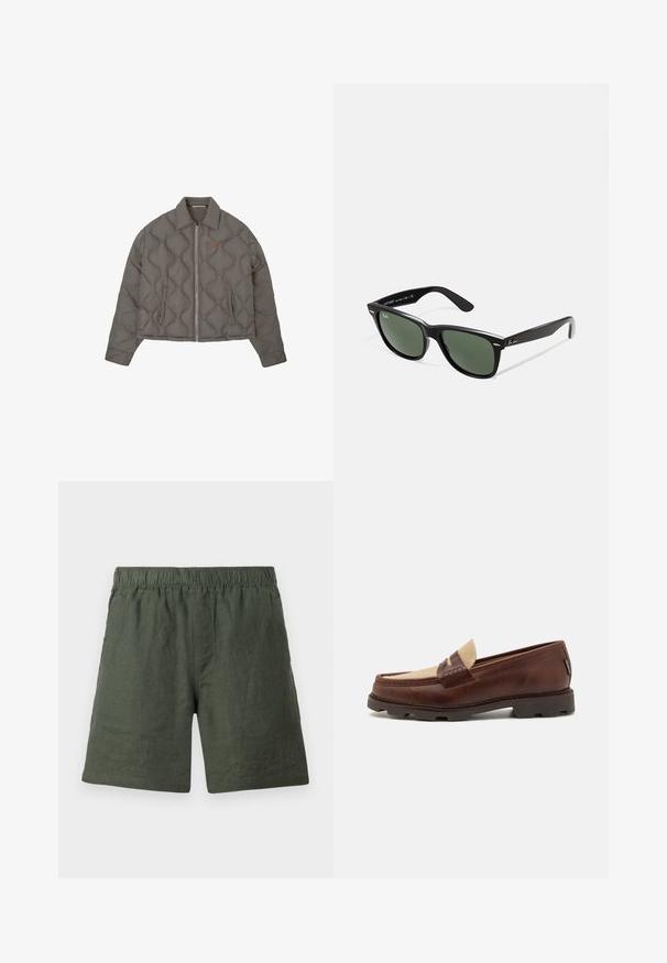 Grijze gewatteerde jas met een rits aan de voorkant, kraag en twee zijzakken, met een klein geborduurd embleem op de borst.; Witte katoenen tanktop met een ronde halslijn, brede schouderbanden en een rechte zoom, met een gladde textuur en zonder zichtbare patronen.; Groene linnen short met een elastische tailleband, rechte pijpen en een soepele textuur, voorzien van eenvoudige stiksels zonder extra versieringen.; Bruine leren instappers met een taupe canvasaccent, gestikte details en een gestructureerde rubberen zool die is ontworpen voor comfort en duurzaamheid.; Zwarte plastic zonnebril met groene lenzen, vierkante montuur, zilveren accent op de wenkbrauw en een gestructureerde tempel. Merken vermeld op de binnenkant van de arm.