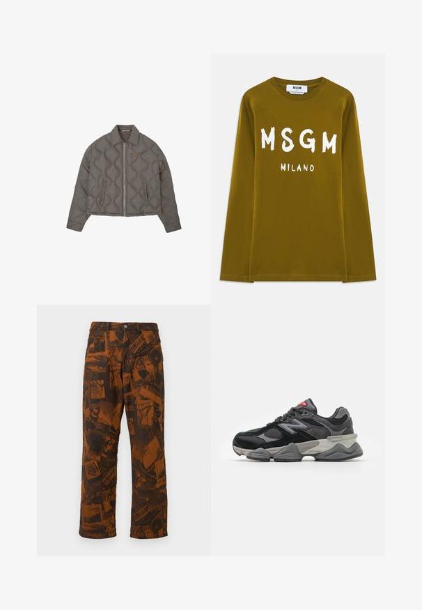 Jachetă gri matlasată cu fermoar frontal, guler și două buzunare laterale, având un mic emblema brodată pe piept.; Tricou lung cu mânecă, de culoare verde măsliniu, fabricat din bumbac, având inscripționate cu alb textul mare "MSGM" și "MILANO" pe față.; Pantaloni cu modele maronii, având un colaj de desene întunecate, formă evazată a piciorului, închidere standard cu buton și fermoar, și stil cu cinci buzunare.; Adidași negri și gri cu un amestec de material din suede și plasă, talpă groasă, logo proeminent și accente roșii pe limbă.
