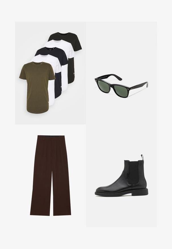Grå vadderad jacka med framzipper, krage och två sidofickor, med en liten broderad emblem på bröstet.; Fem kortärmade t-shirtar i olivgrön, vit, marinblå, svart och grå. Tillverkade av bomull med rundad hals och diskreta varumärkesetiketter i nederkanten.; Bruna vida byxor med veck. Tillverkade av ett mjukt tyg, med skräddarsydd midja och sidofickor. Slät fåll längst ner.; Svart läderankleboot med slät yta, elastiska sidopaneler och dragtab. Rund tå och platt gummisul med minimal profil.; Svarta plastsolglasögon med gröna linser, fyrkantiga bågar, silverdetalj på ögonbrynet och texturerade skalmar. Angiven märkning på den inre skalmen.