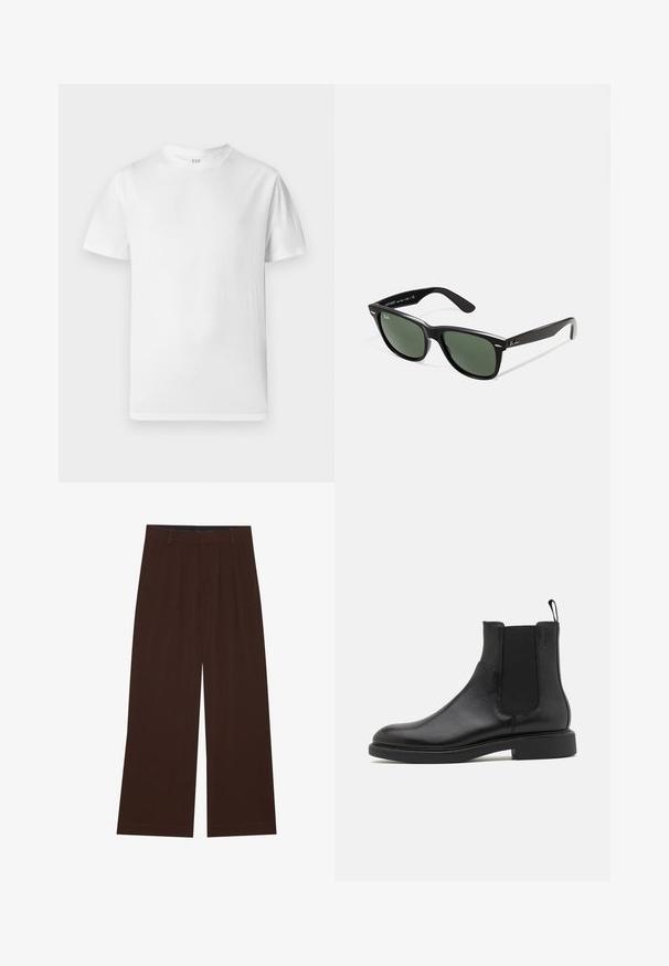Siva prešita jakna s sprednjim zadrgo, ovratnikom in dvema stranskima žepoma, z majhnim vezenim emblemom na prsih.; Bela kratka majica s kratkimi rokavi iz mehke bombažne tkanine. Ima okrogle izreze in ravno rob s minimalnimi detajli.; Rjave široke hlače s plisami. Narejene iz gladkega materiala, s prilagojenim pasom in stranskimi žepi. Ravna obroba na dnu.; Črne usnjene gležnjarje z gladko teksturo, elastičnimi stranskimi paneli in zanko za obuvanje. Okrogel prst in raven gumijast podplat z minimalnim profilom.; Črne plastične sončna očala z zelenimi lečami, kvadratni okvirji, srebrni detajl na obrvi in teksturirani ročaji. Blagovna znamka navedena na notranji strani ročaja.