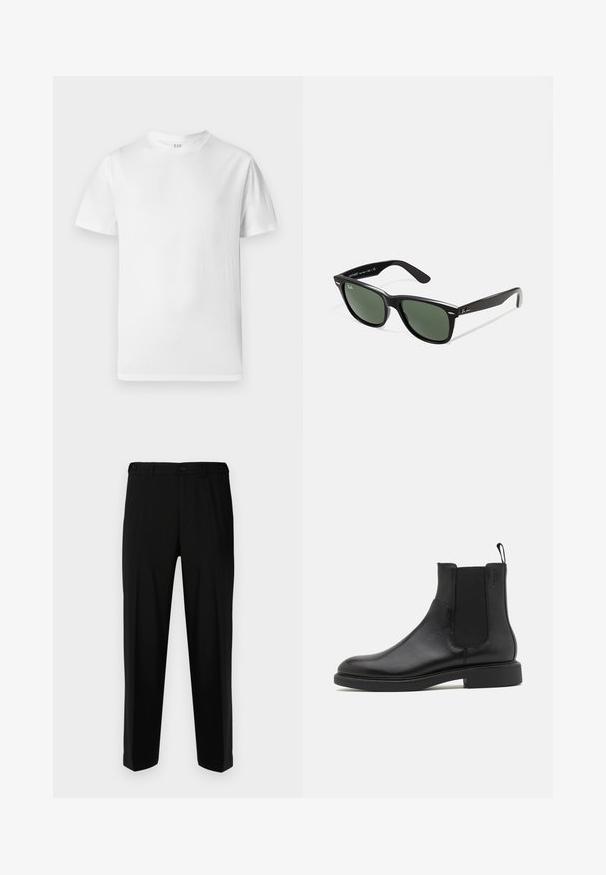 Graue gesteppte Jacke mit Frontreißverschluss, Kragen und zwei seitlichen Taschen, mit einem kleinen gestickten Emblem auf der Brust.; Weißes kurzärmliges T-Shirt aus weicher Baumwolle. Verfügt über einen runden Halsausschnitt und einen geraden Saum mit minimalen Details.; Schwarze Hosen aus glattem Stoff, mit geradem Schnitt, zwei vorderen Taschen und einem Reißverschluss mit Knopfverschluss.; Schwarze Leder-Ankle-Boots mit glatter Textur, elastischen Seitenpaneelen und einer Zuglasche. Runde Zehenpartie und flache Gummisohle mit minimalem Profil.; Schwarze Plastiksonnenbrille mit grünen Gläsern, quadratischen Rahmen, silbernem Akzent auf der Augenbraue und strukturierten Bügeln. Angegebene Marke auf dem inneren Bügel.