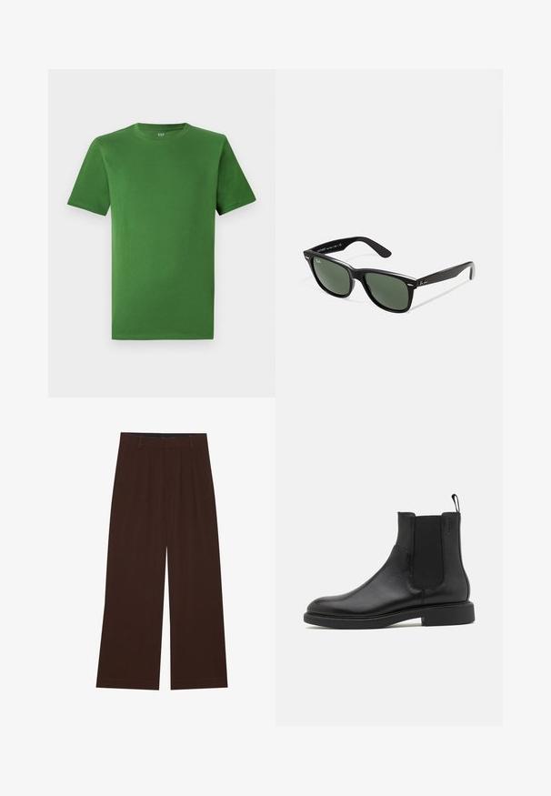 Šedá prošívaná bunda se zipem vpředu, límcem a dvěma postranními kapsami, s malým vyšitým emblémem na prsou.; Zelené bavlněné tričko s kulatým výstřihem a krátkými rukávy. Hladký povrch; žádné viditelné vzory nebo ozdobné prvky.; Hnědé kalhoty s širokým střihem a skladbami. Vyrobeny z hladké tkaniny, s upraveným pasem a postranními kapsami. Rovný lem na spodní straně.; Černá kožená kotníková bota s hladkým povrchem, elastickými bočními panely a poutkem. Kulatá špička a plochá gumová podrážka s minimálním vzorkem.; Černé plastové sluneční brýle se zelenými skly, čtvercové obroučky, stříbrný detail na obočí a texturované stranice. Značka uvedená na vnitřní straně stranic.