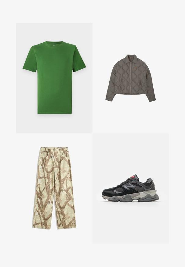 Jachetă gri matlasată cu fermoar frontal, guler și două buzunare laterale, având un mic emblema brodată pe piept.; Tricou verde din bumbac, cu guler rotund și mâneci scurte. Textură netedă; fără modele sau embellishments vizibile.; Pantaloni dintr-un material ușor, de nuanță verde deschis, cu un model de crengi de copac maronii, design cu picioare largi și două buzunare frontale.; Adidași negri și gri cu un amestec de material din suede și plasă, talpă groasă, logo proeminent și accente roșii pe limbă.