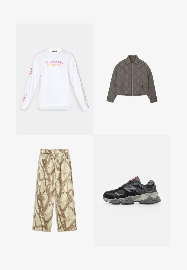 Graue gesteppte Jacke mit Frontreißverschluss, Kragen und zwei seitlichen Taschen, mit einem kleinen gestickten Emblem auf der Brust.; Weißes Langarmshirt mit dem Text "J. LINDEBERG KANGOL" in Pink und Orange. Der linke Ärmel hat ein pinkfarbenes Grafikdetail. Aus Baumwollmaterial.; Hosen aus leichtem Stoff in einem hellgrünen Farbton, mit einem Muster von braunen Zweigen, weit geschnitten und mit zwei vorderen Taschen.; Schwarzer und grauer Sneaker mit einer Kombination aus Wildleder und Mesh-Materialien, dicker Sohle, ausgeprägtem Logo und roten Akzenten an der Zunge.