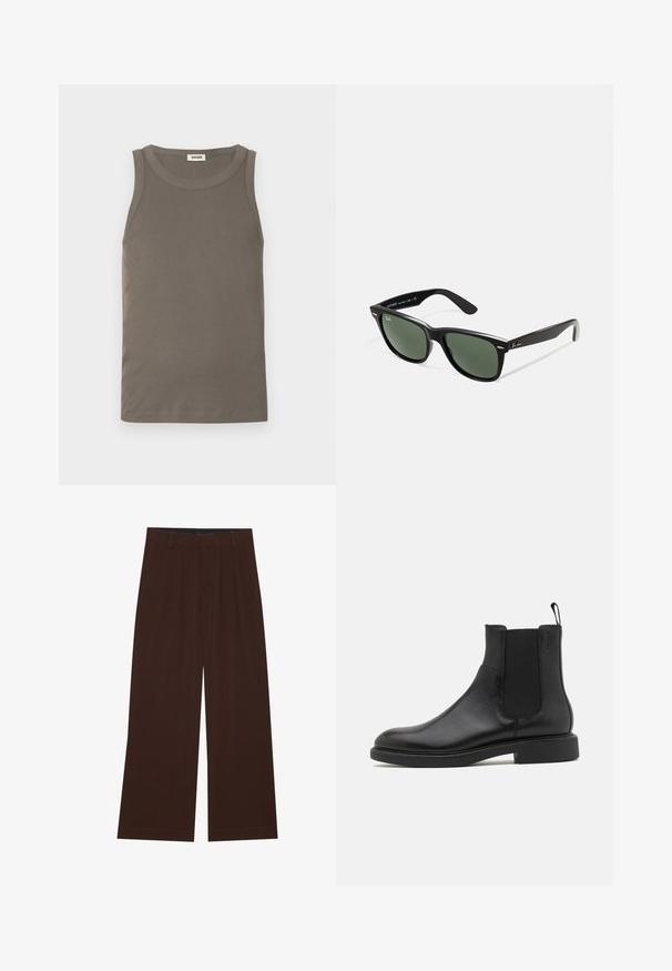 Grijze gewatteerde jas met een rits aan de voorkant, kraag en twee zijzakken, met een klein geborduurd embleem op de borst.; Lichtbruine geribbelde tanktop met een ronde halslijn, mouwloos ontwerp en een rechte zoom. Gemaakt van zachte, rekbare stof.; Bruine wijde broek met plooien. Gemaakt van een gladde stof, met een op maat gemaakt tailleband en zijzakken. Rechte zoom aan de onderkant.; Zwarte leren enkelboot met een gladde textuur, elastische zijpanelen en een trekhaak. Ronde neus en platte rubberen zool met minimale profiel.; Zwarte plastic zonnebril met groene lenzen, vierkante montuur, zilveren accent op de wenkbrauw en een gestructureerde tempel. Merken vermeld op de binnenkant van de arm.