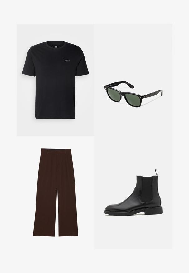 Šedá prošívaná bunda se zipem vpředu, límcem a dvěma postranními kapsami, s malým vyšitým emblémem na prsou.; Černé tričko s krátkým rukávem vyrobené z bavlny, s klasickým kulatým výstřihem a malým bílým logem na levé části hrudi. Jednoduchý, klasický design.; Hnědé kalhoty s širokým střihem a skladbami. Vyrobeny z hladké tkaniny, s upraveným pasem a postranními kapsami. Rovný lem na spodní straně.; Černá kožená kotníková bota s hladkým povrchem, elastickými bočními panely a poutkem. Kulatá špička a plochá gumová podrážka s minimálním vzorkem.; Černé plastové sluneční brýle se zelenými skly, čtvercové obroučky, stříbrný detail na obočí a texturované stranice. Značka uvedená na vnitřní straně stranic.