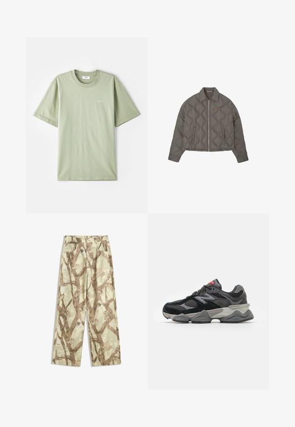 Gray quilted jacket with front zipper, collar, and two side pockets, featuring a small embroidered emblem on the chest.; Light green cotton t-shirt with short sleeves, crew neck, and small white logo on the chest. Soft texture, casual fit, and minimal design.; Pants made of lightweight fabric in a light green shade, featuring a brown tree branch pattern, wide-leg design, and two front pockets.; Black and gray sneaker with a mix of suede and mesh materials, thick sole, prominent logo, and red accent on the tongue.