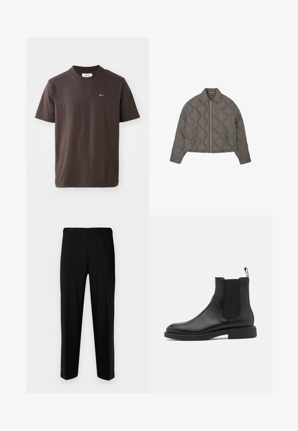 Harmaa tikattu takki, jossa on etuvetoketju, kaulus ja kaksi sivutaskua, jossa on pieni brodeerattu emblem rintapielessä.; Ruskea puuvillapaita, jossa on ribattu pyöreä kaulus. Paita sisältää pienen valkoisen logon vasemmassa rinnassa. Lyhyet hihat ja suora helma.; Mustat housut sileästä kankaasta, suora malli, kaksi etutaskua sekä vetoketjulla ja napilla varustettu etulukitus.; Mustat nahkasaappaat nilkkamittaisina, joissa on sileä pinta, joustavat sivupaneelit ja vetotappi. Pyöreä varvastila ja litteat kumipohjat, joissa on minimaalinen pito.