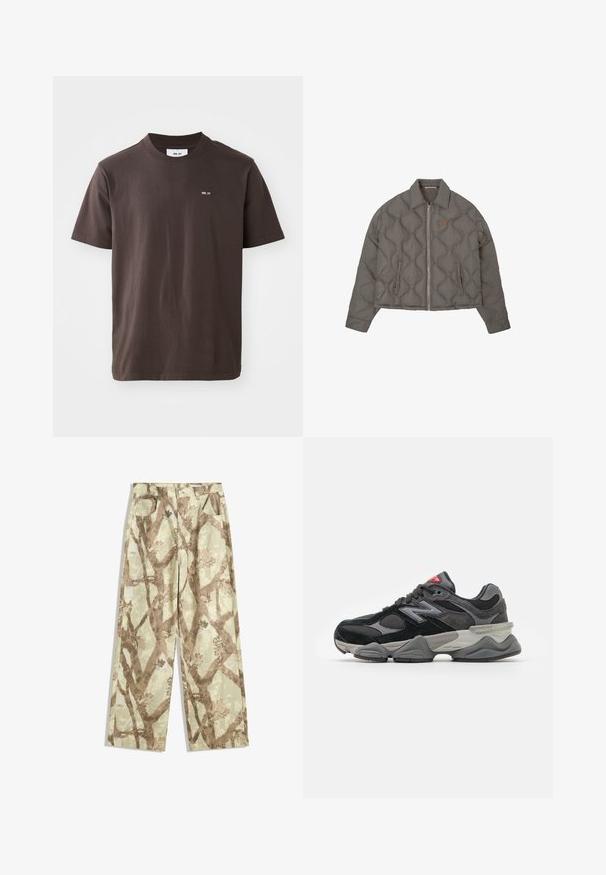 Gray quilted jacket with front zipper, collar, and two side pockets, featuring a small embroidered emblem on the chest.; Brown cotton t-shirt with a ribbed crew neck. Features a small white logo on the left chest. Short sleeves and a straight hem.; Pants made of lightweight fabric in a light green shade, featuring a brown tree branch pattern, wide-leg design, and two front pockets.; Black and gray sneaker with a mix of suede and mesh materials, thick sole, prominent logo, and red accent on the tongue.