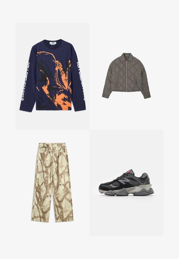 Szara pikowana kurtka z zapięciem na suwak z przodu, kołnierzykiem i dwiema bocznymi kieszeniami, z małym haftowanym emblematem na klatce piersiowej.; Granatowa koszulka z długim rękawem, wykonana z bawełny, z pomarańczowym i czarnym abstrakcyjnym wzorem. Napis na rękawie brzmi "ŚLEDŹ KRÓLIKA".; Spodnie wykonane z lekkiego materiału w jasnym zielonym odcieniu, zdobione brązowym wzorem gałęzi drzewa, w szerokim kroju oraz z dwiema przednimi kieszeniami.; Czarno-szare sneakersy z połączeniem materiałów zamszowych i siateczkowych, gruba podeszwa, wyraźne logo oraz czerwony akcent na języku.