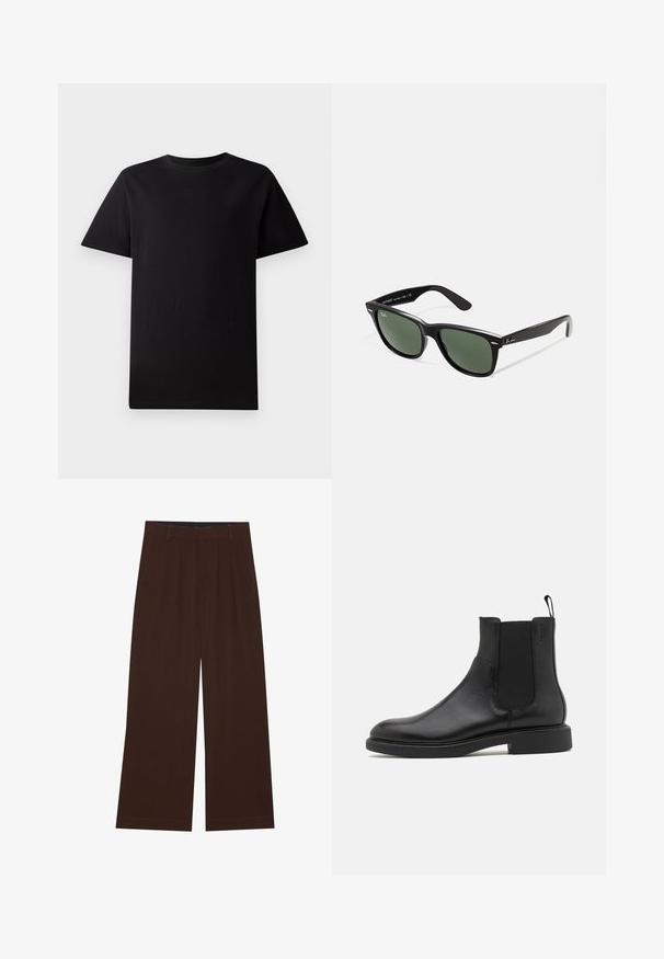 Šedá prošívaná bunda se zipem vpředu, límcem a dvěma postranními kapsami, s malým vyšitým emblémem na prsou.; Černé krátké tričko s kulatým výstřihem z bavlny, položené na bílé pozadí.; Hnědé kalhoty s širokým střihem a skladbami. Vyrobeny z hladké tkaniny, s upraveným pasem a postranními kapsami. Rovný lem na spodní straně.; Černá kožená kotníková bota s hladkým povrchem, elastickými bočními panely a poutkem. Kulatá špička a plochá gumová podrážka s minimálním vzorkem.; Černé plastové sluneční brýle se zelenými skly, čtvercové obroučky, stříbrný detail na obočí a texturované stranice. Značka uvedená na vnitřní straně stranic.