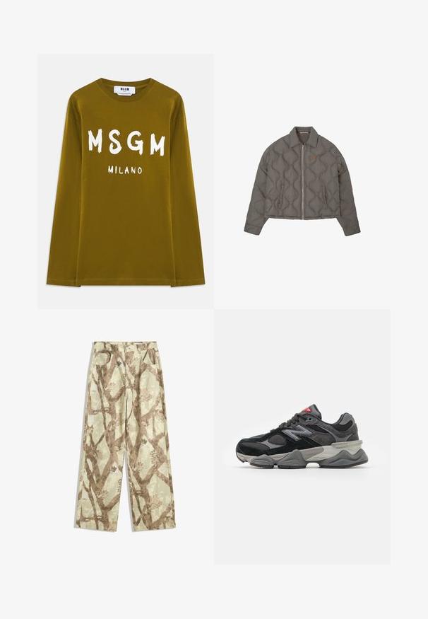 Šedá prošívaná bunda se zipem vpředu, límcem a dvěma postranními kapsami, s malým vyšitým emblémem na prsou.; Olivově zelené dlouhé tričko vyrobené z bavlny, s velkým bílým potiskem "MSGM" a "MILANO" na přední straně.; Kalhoty z lehkého materiálu v světlé zelené barvě, s hnědým vzorem větví, širokým střihem a dvěma předními kapsami.; Černé a šedé sneakersy se směsí semišových a síťovaných materiálů, silnou podrážkou, výrazným logem a červeným akcentem na jazyku.