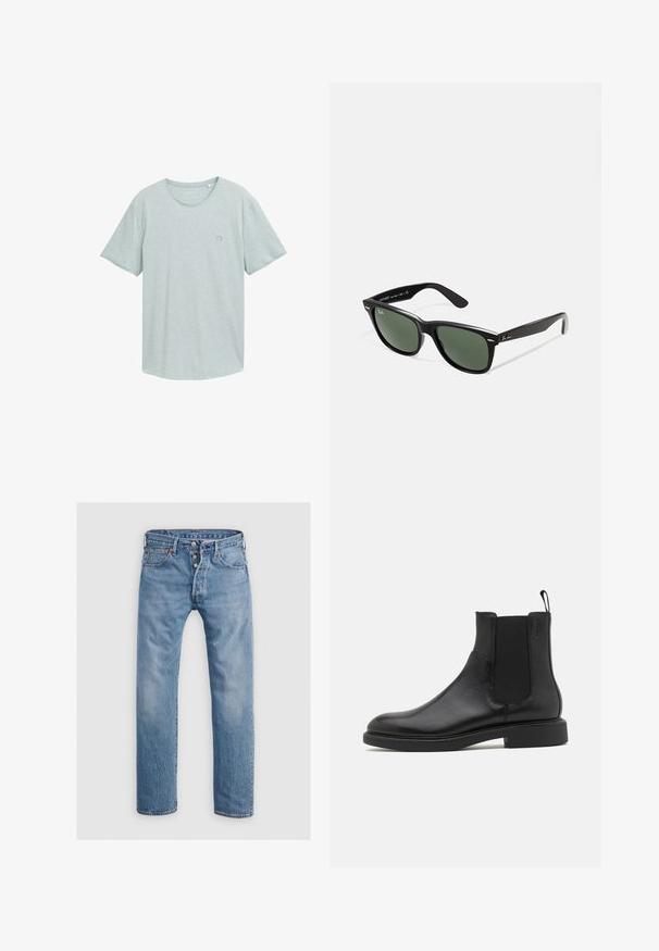 Siva prešita jakna s sprednjim zadrgo, ovratnikom in dvema stranskima žepoma, z majhnim vezenim emblemom na prsih.; Svetlo siva kratka majica s kratkimi rokavi in okroglim ovratnikom, izdelana iz mehkega bombažnega materiala, s poudarkom na majhnem logotipu na levi strani prsnega koša.; Svetlo modri kavbojki z ravnim krojem, petimi žepi in zapiranjem na gumb. Imajo subtilno bledenje in šivane detajle.; Črne usnjene gležnjarje z gladko teksturo, elastičnimi stranskimi paneli in zanko za obuvanje. Okrogel prst in raven gumijast podplat z minimalnim profilom.; Črne plastične sončna očala z zelenimi lečami, kvadratni okvirji, srebrni detajl na obrvi in teksturirani ročaji. Blagovna znamka navedena na notranji strani ročaja.
