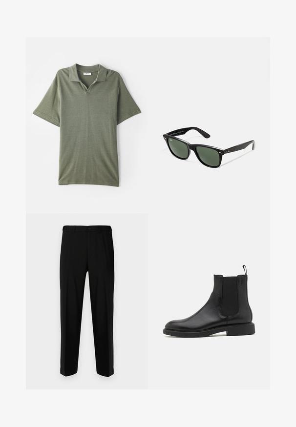 Grijze gewatteerde jas met een rits aan de voorkant, kraag en twee zijzakken, met een klein geborduurd embleem op de borst.; Olijfgroen, kortekouter-polo met een kraag en een geweven stof. Heeft een V-vormige opening en een relaxte pasvorm.; Zwarte broek van gladde stof, met een rechte snit, twee voorzakken en een ritssluiting met knoopsluiting.; Zwarte leren enkelboot met een gladde textuur, elastische zijpanelen en een trekhaak. Ronde neus en platte rubberen zool met minimale profiel.; Zwarte plastic zonnebril met groene lenzen, vierkante montuur, zilveren accent op de wenkbrauw en een gestructureerde tempel. Merken vermeld op de binnenkant van de arm.