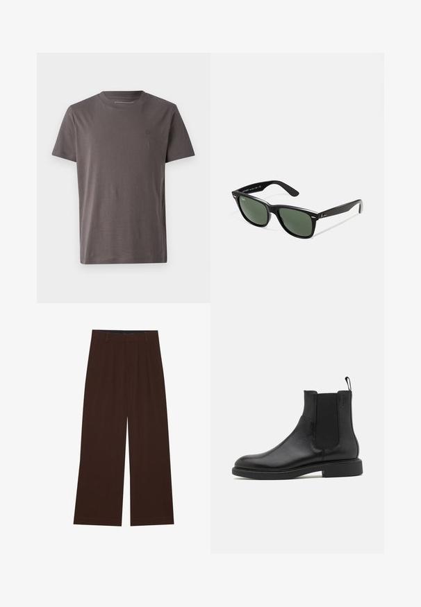 Siva prešita jakna s sprednjim zadrgo, ovratnikom in dvema stranskima žepoma, z majhnim vezenim emblemom na prsih.; Polo majica s kratkimi rokavi v temno sivi barvi, narejena iz mehkega bombaža, z diskretnim logotipom na prsih in običajnim krojem.; Rjave široke hlače s plisami. Narejene iz gladkega materiala, s prilagojenim pasom in stranskimi žepi. Ravna obroba na dnu.; Črne usnjene gležnjarje z gladko teksturo, elastičnimi stranskimi paneli in zanko za obuvanje. Okrogel prst in raven gumijast podplat z minimalnim profilom.; Črne plastične sončna očala z zelenimi lečami, kvadratni okvirji, srebrni detajl na obrvi in teksturirani ročaji. Blagovna znamka navedena na notranji strani ročaja.