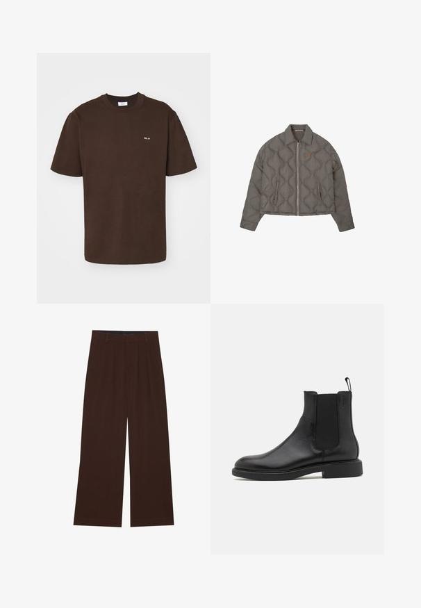 Harmaa tikattu takki, jossa on etuvetoketju, kaulus ja kaksi sivutaskua, jossa on pieni brodeerattu emblem rintapielessä.; NN.07 ADAM EMB - T-paita - brown; Ruske leve široke hlače z gubami. Narejene so iz gladkega blaga, z oblikovanim pasom in stranskimi žepi. Ravna obleka na dnu.; Mustat nahkasaappaat nilkkamittaisina, joissa on sileä pinta, joustavat sivupaneelit ja vetotappi. Pyöreä varvastila ja litteat kumipohjat, joissa on minimaalinen pito.