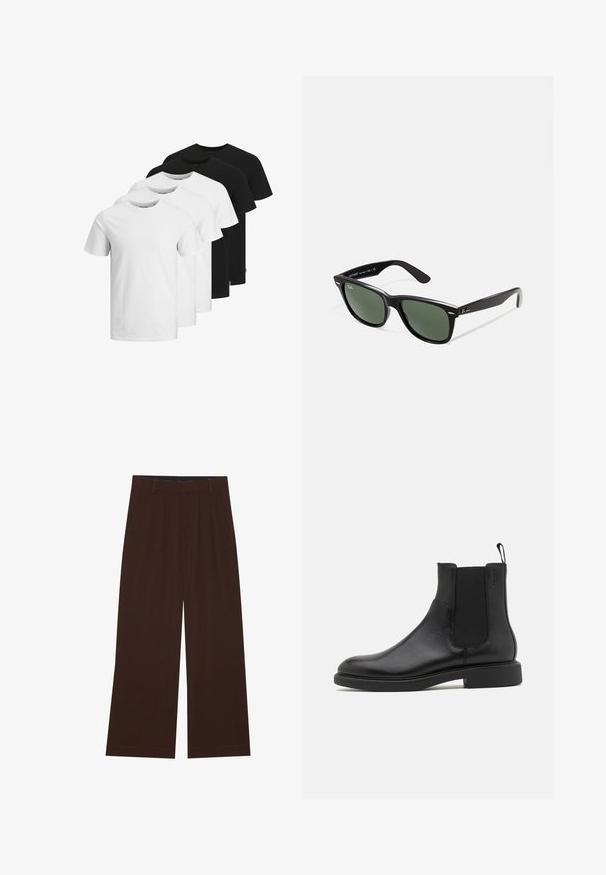 Szürke steppelt dzseki elöl cipzárral, gallérral és két oldalzsebbel, mellrészen egy kis hímzett emblémával.; Öt darab pamut Póló három színben: két fekete és három fehér. Klasszikus kerek nyakú kialakítás, rövid ujjú, sima textúra.; Barna, széles lábú nadrág, plisszézett részleggel. Simább anyagból készült, szabott derékkal és oldalsó zsebekkel rendelkezik. Lapos szegéllyel az alsó részen.; Fekete bőr bokacsizma sima felülettel, elasztikus oldalsó panelekkel és egy húzófüllel. Kerek orr és lapos gumi talp minimális bordázattal.; Fekete műanyag napszemüveg zöld lencsékkel, négyzet alakú kerettel, ezüst díszítéssel a keret felső részén, valamint texturált szárakkal. A márka neve a belső száron található.