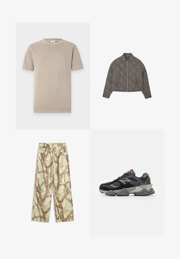 Graue gesteppte Jacke mit Frontreißverschluss, Kragen und zwei seitlichen Taschen, mit einem kleinen gestickten Emblem auf der Brust.; Beiges Baumwoll-T-Shirt mit kurzen Ärmeln und rundem Ausschnitt. Sichtbare Nähte entlang der Ärmel und des Saums. Einfaches, glattes Gewebe.; Hosen aus leichtem Stoff in einem hellgrünen Farbton, mit einem Muster von braunen Zweigen, weit geschnitten und mit zwei vorderen Taschen.; Schwarzer und grauer Sneaker mit einer Kombination aus Wildleder und Mesh-Materialien, dicker Sohle, ausgeprägtem Logo und roten Akzenten an der Zunge.