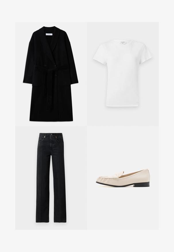 Sort uldblandingsfrakke med sjalkrave, dobbeltradet design, to forlommer og bælte med selvbinding. Glat tekstur og moderne snit.; Hvid bomulds t-shirt med rund hals og korte ærmer, præsenteret i et afslappet fit og minimalistisk design. Etiketten er synlig ved halsen.; Sorte denim jeans med lige pasform. Har fem lommer, en knaplukning og minimale syninger. Klassisk design.; MICHAEL Michael Kors CARLSON LOAFER - Loafers - light cream