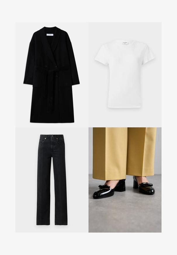 Cappotto in misto lana nero con colletto sciallato, design doppiopetto, due tasche anteriori e cintura a fiocco. Texture liscia e taglio moderno.; T-shirt bianco in cotone con colletto a girocollo e maniche corte, caratterizzato da una vestibilità rilassata e un design minimalista. Etichetta visibile sul collo.; Jeans in denim nero con vestibilità dritta. Presentano cinque tasche, chiusura a bottone e dettagli di cucitura minimi. Design classico.; Stuart Weitzman FELICITY BOW BLOCK - Decolleté - black