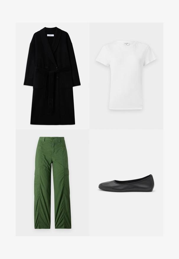 Palton dintr-un amestec de lână neagră, cu guler tip șal, design cu două rânduri de nasturi, două buzunare frontale și un cordon asortat. Textură netedă și croială modernă.; Tricou alb din bumbac, cu guler rotund și mâneci scurte, având o croială lejeră și un design minimalistic. Eticheta este vizibilă la gât.; Pantaloni cargo verzi dintr-un material ușor, cu o croială relaxată, buzunare laterale și închidere cu nasture la talie.; Balerini din piele neagră, cu vârf rotund, textură netedă, detalii de cusătură minimale și un design al tălpii flexibil.