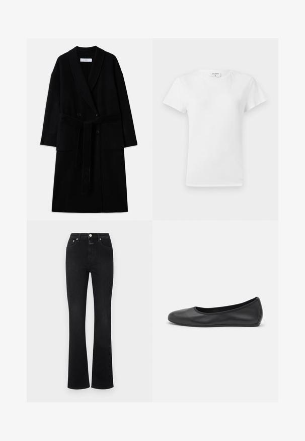 Palton dintr-un amestec de lână neagră, cu guler tip șal, design cu două rânduri de nasturi, două buzunare frontale și un cordon asortat. Textură netedă și croială modernă.; Tricou alb din bumbac, cu guler rotund și mâneci scurte, având o croială lejeră și un design minimalistic. Eticheta este vizibilă la gât.; Jeans negre evazați din denim, cu talie înaltă, cinci buzunare, accesorii de culoare aurie și o textură netedă.; Balerini din piele neagră, cu vârf rotund, textură netedă, detalii de cusătură minimale și un design al tălpii flexibil.