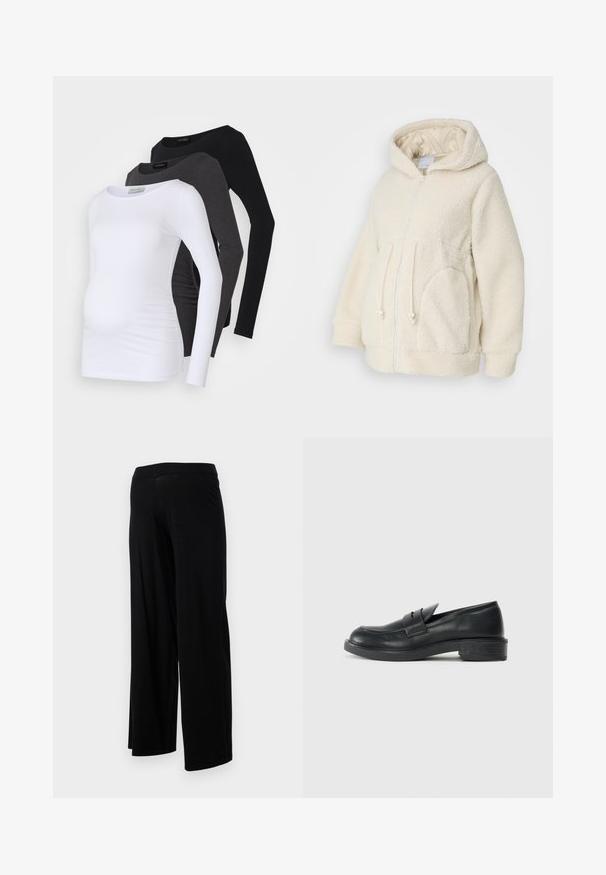 MAMALICIOUS MLRACHEL JACKET - Fleecejakke - birch; Tre langermede graviditetstopper i hvit, kullgrå og svart. Laget av myk stoff med en glatt overflate og side ruching-detalj for komfort.; Sorte vide benbukser med elastisk liv og en glat, strækbar tekstur. Har et enkelt design, uten mønstre eller dekorelementer.; Sorte skinnloafere med rund tå, sydd detaljer og en liten hæl. Glatt tekstur og en fleksibel gummisåle.