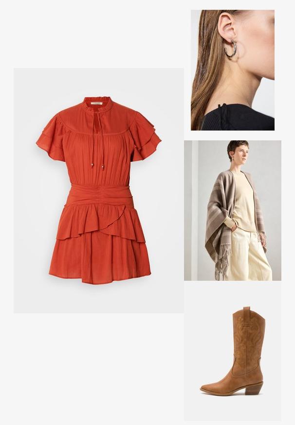 Barna csíkos sál, puha anyagból, bojtós szélekkel. Világos krémszínű pulóverrel és laza krémszínű nadrággal párosítva.; Piros rövid ruha magas nyakkal, fodros ujjakkal és réteges szoknyával; húzózsinórral és gyöngyökkel, valamint struktúrált anyaggal rendelkezik.; Barna bőr cowboy csizma hegyes orral, hímzett örvény mintákkal a szárán, és stílusos, réteges blokk sarokkal. Kihúzó füle segíti a könnyű felhúzást.; Ez egy ezüst fülbevaló, sima felülettel, amelyen apró arany díszítőelemek találhatók. Kerek formájú és a fülcimpán viselik.