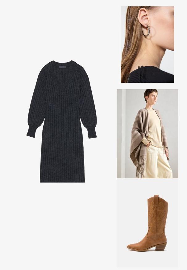Braun gestreifter Schal aus weichem Stoff mit Fransen am Rand. Kombiniert mit einem hellen Creme-Pullover und lockeren Creme-Hosen.; Dunkelgraues, geripptes Strickkleid mit V-Ausschnitt und langen, ballonförmigen Ärmeln. Es hat eine figurbetonte Taille und ein strukturiertes Material für Wärme.; Braune Leder-Cowboy-Stiefel mit spitzem Zehenbereich, bestickten Wirbelmustern am Schaft und einem gestapelten Blockabsatz. Verfügt über einen Ziehriemen für das einfache Anziehen.; Silberne Creolen mit polierter Oberfläche, die kleine goldene Akzentdetails und eine runde Form aufweisen, am Ohrläppchen getragen.