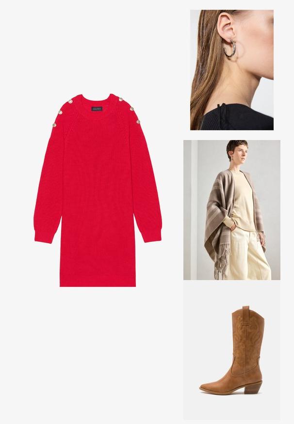 Hnědý pruhovaný šátek vyrobený z měkké tkaniny, se třásňovými okraji. V kombinaci se světle krémovým svetrem a volnými krémovými kalhotami.; Červené pletené šaty se dlouhými rukávy, žebrovanými manžetami a knoflíky na rameni. Mají kulatý výstřih a volný střih.; Hnědé kožené kovbojské boty s špičatou špičkou, vyšívanými spirálovými vzory na štítech a s blokovým podpatkem. Obsahují poutko pro snadné obouvání.; Stříbrný kruhový náušník s lesklým povrchem, zdobený malými zlatými akcenty, v kulatém tvaru, nošený na lalůčku.