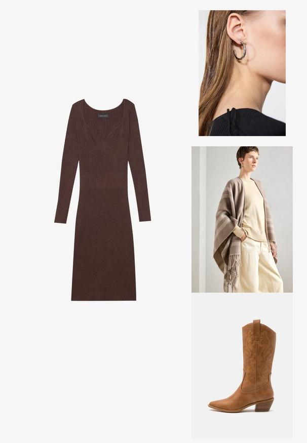 Braun gestreifter Schal aus weichem Stoff mit Fransen am Rand. Kombiniert mit einem hellen Creme-Pullover und lockeren Creme-Hosen.; Braunes gestreiftes Langarmkleid mit Rundhalsausschnitt und figurbetonender Silhouette. Verfügt über eine v-förmige Nahtdetail im Oberteil.; Braune Leder-Cowboy-Stiefel mit spitzem Zehenbereich, bestickten Wirbelmustern am Schaft und einem gestapelten Blockabsatz. Verfügt über einen Ziehriemen für das einfache Anziehen.; Silberne Creolen mit polierter Oberfläche, die kleine goldene Akzentdetails und eine runde Form aufweisen, am Ohrläppchen getragen.