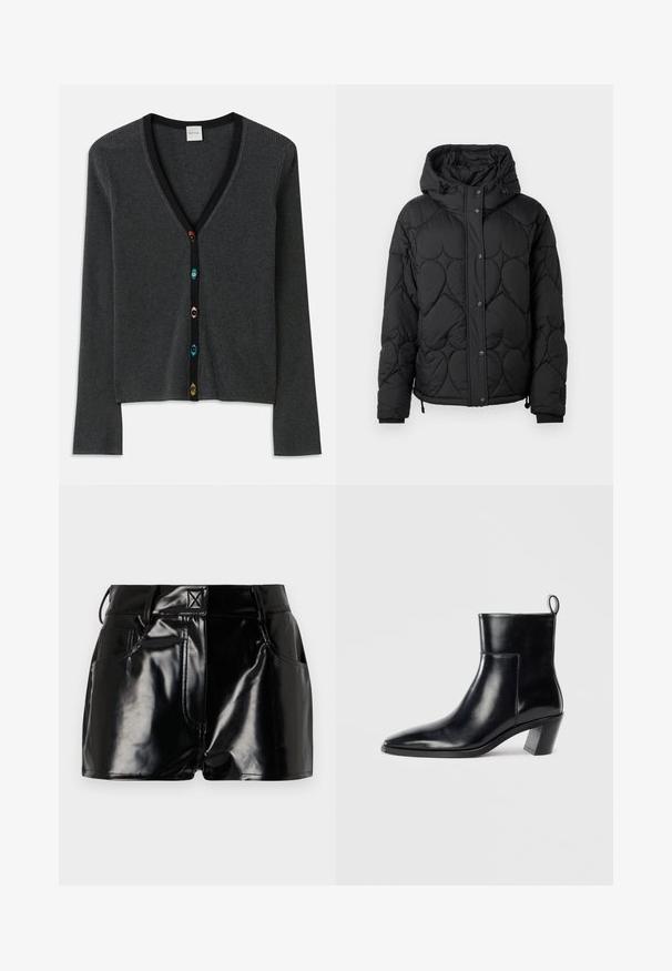 Chaqueta acolchada negra con capucha, que presenta un patrón texturizado, cierre de botones a presión, puños elásticos y dobladillo ajustable con cordón.; Cardigan gris acanalado con un profundo escote en V, mangas largas y ribetes negros. Presenta botones de forma de flor coloridos a lo largo del frente.; Camiseta de tirantes gris acanalada con un diseño ajustado, sisas anchas y un escote redondeado. Fabricada en suave algodón con una textura lisa.; Shorts negros y brillantes de material sintético. Presentan una cintura ajustada, trabillas para el cinturón y bolsillos frontales con detalles de costura prominentes.; Botín de piel negra hasta el tobillo con punta afilada, tacón apilado geométrico y una lengüeta en la parte posterior. Textura suave y diseño elegante.