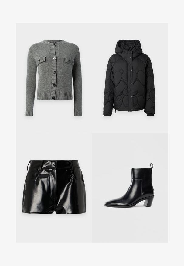 Černá prošívaná péřová bunda s kapucí, s texturovaným vzorem, zapínáním na patentky, elastickými manžetami a nastavitelným stahováním na spodním lemu.; Šedý pletený kardigan s dlouhými rukávy, žebrovanými manžetami a lemem, zapínáním na knoflíky vpředu a dvěma knoflíkovými kapsami na hrudi.; Šedý proužkovaný top bez rukávů s přiléhavým střihem, širokými průramky a zaobleným výstřihem. Vyrobeno z měkké bavlny s hladkou texturou.; Černé lesklé kraťasy vyrobené z umělého materiálu. Obsahují přiléhavý pas, poutka na opasek a přední kapsy s výraznými švy.; Černá kožená kotníková bota s špičatou špičkou, geometrickou tvarovanou podpatkem a poutkem na zadní straně. Hladká textura a elegantní design.