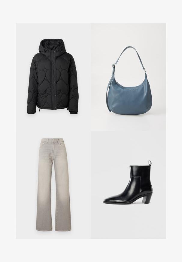 Black quilted puffer jacket with a hood, featuring a textured pattern, snap-button closure, elastic cuffs, and adjustable drawstring hem.; Black knitted short-sleeve sweater with a round neckline and ribbed hem. Smooth texture with a relaxed fit. Minimalist design.; Gray wide-leg jeans with a faded finish, button closure, five-pocket design, and stitched detailing along the seams.; Black leather ankle boot with a pointed toe, a geometric stacked heel, and a pull tab at the back. Smooth texture and sleek design.; Blue leather handbag with a rounded shape, single shoulder strap, zip closure, and embossed brand name on the front. Smooth texture.