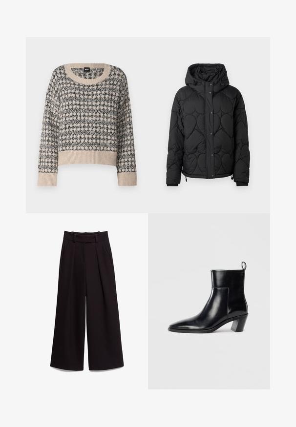 Veste rembourrée noire matelassée avec capuche, présentant un motif texturé, une fermeture à boutons-pression, des poignets élastiques et un ourlet ajustable avec cordon.; Pull en beige et noir à motifs avec un col rond, des manches longues et un ourlet côtelé. Il présente un motif géométrique avec une texture douce.; Pantalons larges noirs en tissu lisse, avec taille haute, passants de ceinture et deux poches avant. Le design plissé ajoute de la texture.; Bottine en cuir noir avec un bout pointu, un talon empilé géométrique et une languette à l'arrière. Texture lisse et design épuré.