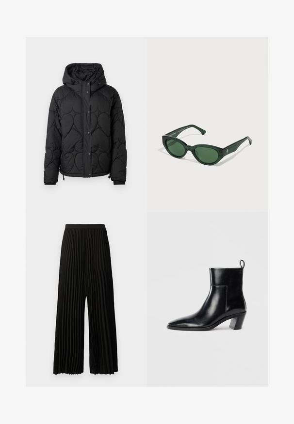 Zwarte gewatteerde pufferjack met capuchon, met een gestructureerd patroon, drukknoopsluiting, elastische manchetten en een verstelbare trekkoord onderrand.; Witte langemouwige button-up shirt in een gladde katoenmix. Voorzien van een klassieke kraag, een knoopsluiting aan de voorkant en afgeronde manchetten.; Zwarte ruime broek met verticale plooien en een getailleerde tailleband, recht van voren weergegeven op een effen witte achtergrond.; Zwarte leren enkelboot met een spitse neus, een geometrische gestapelde hak en een trekband aan de achterkant. Gladde textuur en slank ontwerp.; Groene zonnebril met een glanzende afwerking, rechthoekige monturen en donker groene lenzen. Voorzien van een subtiel logo aan de zijkant van de poot.; Zwart-wit slangenprint tote bag met een rechthoekige uitsnijding als handvat, gladde textuur en gestructureerde vorm. Inclusief verstelbare schouderband.