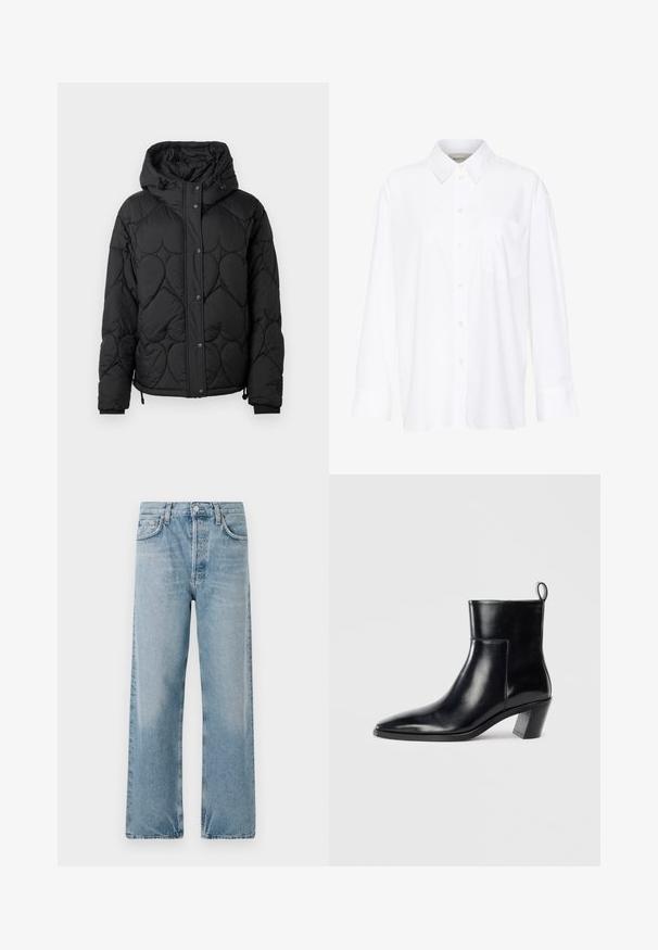Black quilted puffer jacket with a hood, featuring a textured pattern, snap-button closure, elastic cuffs, and adjustable drawstring hem.; White long-sleeve collared shirt made of cotton. Features a button-down front and a single chest pocket. Smooth texture, relaxed fit.; Light blue denim jeans with a high waist, wide-leg cut, and five-pocket design. Features a button fly and subtle fading.; Black leather ankle boot with a pointed toe, a geometric stacked heel, and a pull tab at the back. Smooth texture and sleek design.