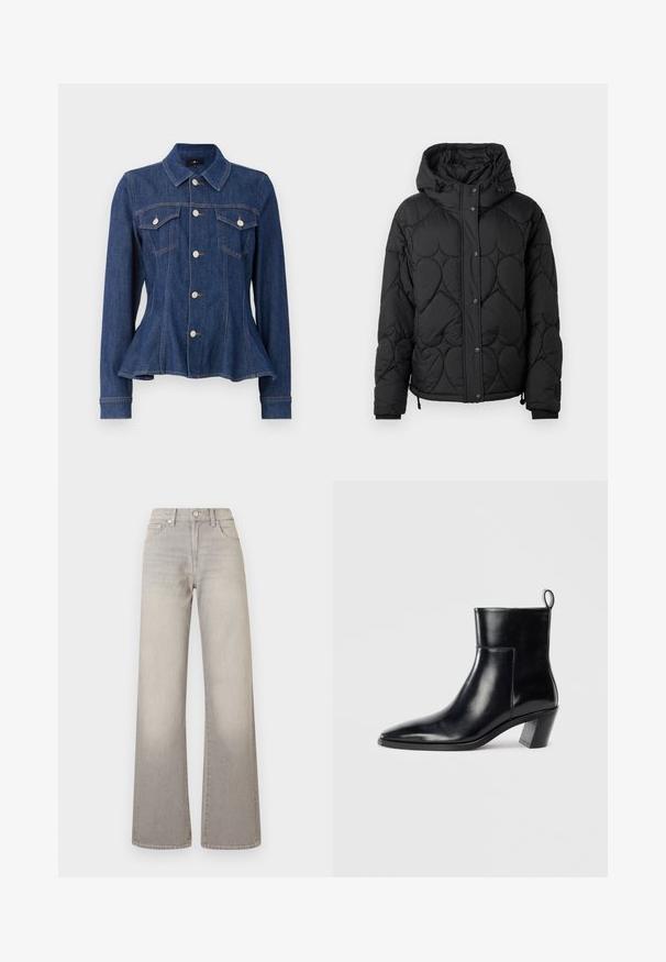 Sort quiltet pufferjakke med hætte, med et struktureret mønster, trykknaplukning, elastiske håndled og justerbar snor i kanten.; Mørkeblå denimjakke med en tætsiddende talje, knaplukning foran, to brystlommer og lange ærmer. Har spids krave og subtile syninger.; Grå vide ben jeans med en falmet finish, knaplukning, fem-lomme design og syede detaljer langs sømmene.; Sort læder ankelstøvle med spids tå, geometrisk stablet hæl og en løftestrop bagpå. Glat tekstur og slankt design.