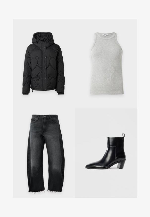 Chaqueta acolchada negra con capucha, que presenta un patrón texturizado, cierre de botones a presión, puños elásticos y dobladillo ajustable con cordón.; Camiseta de tirantes gris acanalada con un diseño ajustado, sisas anchas y un escote redondeado. Fabricada en suave algodón con una textura lisa.; Jeans de mezclilla negra con un diseño de pierna ancha, dobladillo desflecado, cinco bolsillos y un ligero desgaste; hechos de un material de algodón resistente.; Botín de piel negra hasta el tobillo con punta afilada, tacón apilado geométrico y una lengüeta en la parte posterior. Textura suave y diseño elegante.