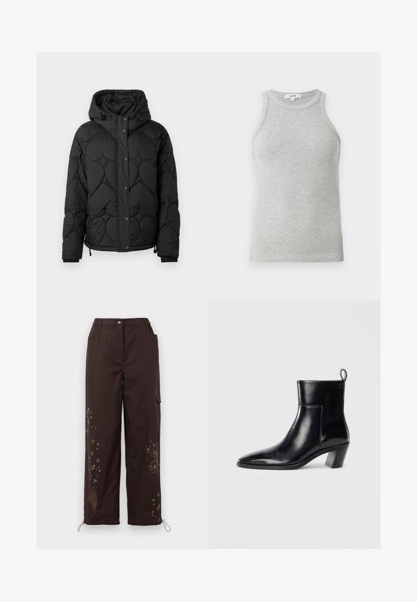 Černá prošívaná péřová bunda s kapucí, s texturovaným vzorem, zapínáním na patentky, elastickými manžetami a nastavitelným stahováním na spodním lemu.; Šedý proužkovaný top bez rukávů s přiléhavým střihem, širokými průramky a zaobleným výstřihem. Vyrobeno z měkké bavlny s hladkou texturou.; Hnědé kalhoty s širokými nohavicemi, vyšívanými motivy hvězdy a ryby. Mají elastický pas, dvě boční kapsy a nastavitelné šňůrky na kotnících.; Černá kožená kotníková bota s špičatou špičkou, geometrickou tvarovanou podpatkem a poutkem na zadní straně. Hladká textura a elegantní design.