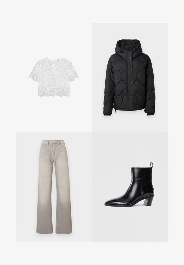 Mustat tikattu puffer-takkia, jossa on huppu, teksturoitu pinta, nepparikiinnitys, joustavat hihansuut ja säädettävä naruhelma.; Valkea pitsikroppitoppi lyhyillä hihoilla, kukkakuosi, aaltoileva helma ja hienovarainen tekstuuripinta. Varusteena takana oleva vetoketjusuljenta.; Harmaat leveälahkeiset farkut, joissa on haalistunut pinta, nappisuljenta, viisi taskua ja ommeltu yksityiskohtaus saumoissa.; Musta nahkainen nilkkuri, jossa on terävä kärki, geometrinen pinoettu korko ja vetotappi takana. Sileä pinta ja tyylikäs muotoilu.