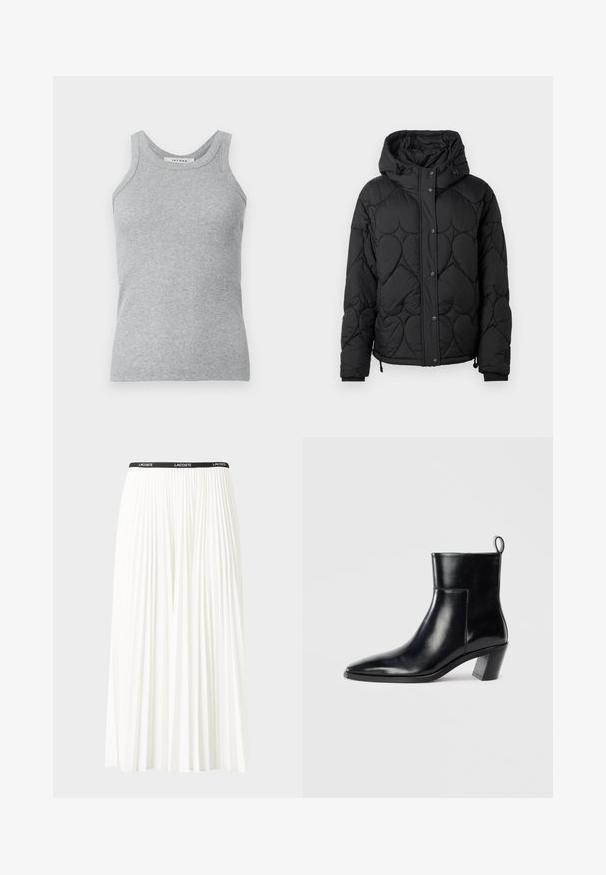 Musthave mustrikkim jacket, mis on valmistatud mustast tikandiga puffer kangast, kapuutsiga, tekstuurse mustriga, nööbiga kinnitusega, elastsete mansettidega ja reguleeritava tõmbluku otsaga.; Hallidest ribikatega tank top, millel on ümmargune kaelus ja laiad õlavarretriibud. Kanga tekstuur on pehme ja keha järgiv siluett.; Kurtitudega valge seelik musta elastse vööga, millel on "LACOSTE" logo. Keskmise pikkusega disain pehme tekstuuriga.; Must musta saapad terava nina, geomeetrilise kuuega ja tagaküljel tõmberaudaga. Sile tekstuur ja läikiv disain.
