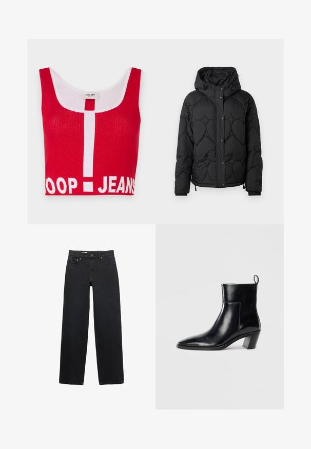 Čierna prešívaná pufovaná bunda s kapucňou, s textúrovaným vzorom, zapínaním na patentky, elastickými manžetami a nastaviteľným sťahovacím lemom.; Červený crop top vyrobený z textúrovanej pleteniny s bielymi akcentmi. Zobrazuje logo "JOOP! JEANS" a centrálny biely vertikálny pruh.; Čierne široké džínsy vyrobené z denimového materiálu, s piatimi vreckami, zatvorením na gombík, jemným prešívaním a rovnom strihom od pásu po lem.; Čierna kožená členková čižma s špicatou špičkou, geometricky tvarovaným podpätkom a pútkom na zadnej strane. Hladká textura a elegantný dizajn.