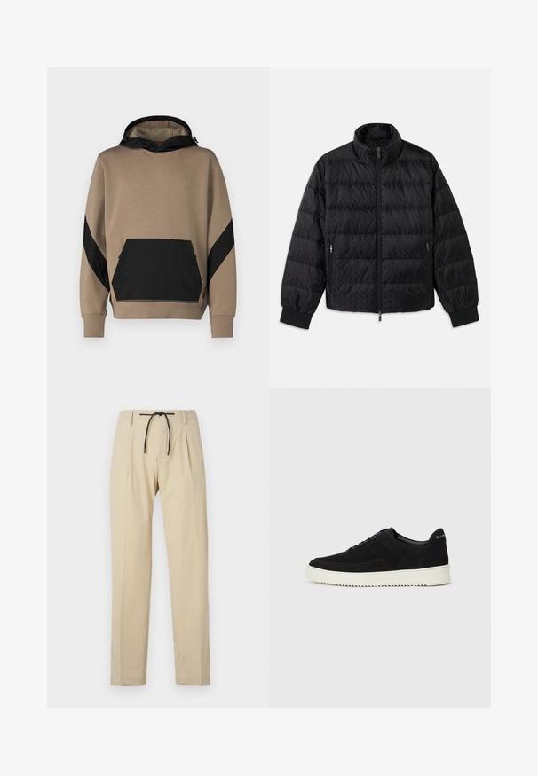 Črno podloženo quilted jopič s visokim ovratnikom, sprednjim zadrgo, zadrgo na stranskih žepih in elastičnimi manšetami na belem ozadju.; Kapuca sivi pulover v bež barvi z črnimi akcenti, z objemnim žepom in kontrastnim dizajnom na rokavih. Mehka tekstura.; Bež hlače s ravnim krojem, z elastičnim pasom, plisejem na sprednji strani in gladko teksturo. Preprost, vsestranski dizajn.; Črni semiš teniški copati z vezalkami in kontrastnim belim gumijastim podplatom. Imajo teksturirane stranske panele in subtilno oznako na peti.